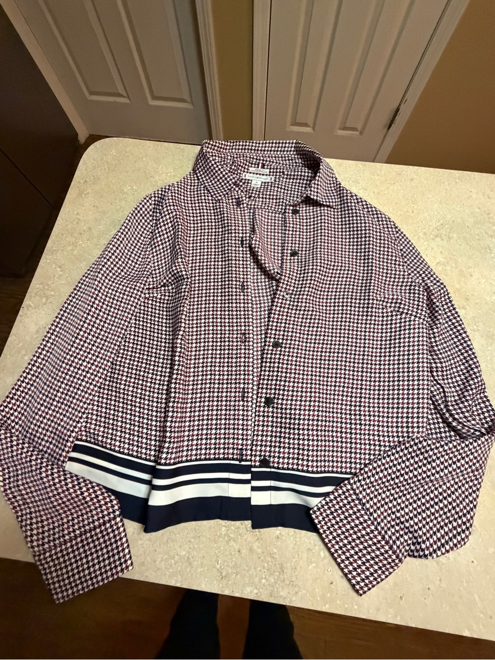 Tommy Hilfiger womens Red, White & Navy Houndstooth Button-Down Top